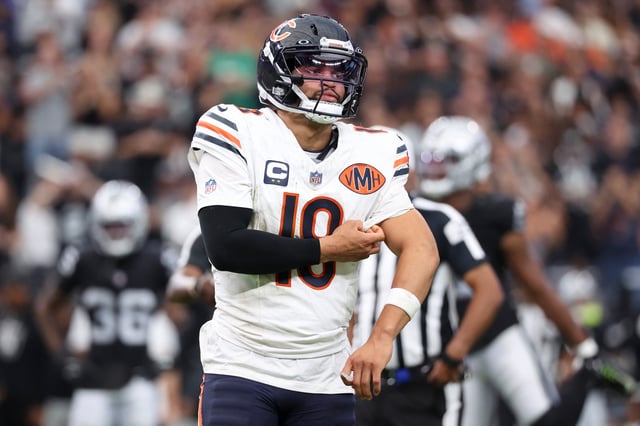 Caleb Williams #18 of the Chicago Bears looks on in the third quarter of a NFL 2025 game at Allegiant Stadium against the Las Vegas Raiders on September 28, 2025 in Las Vegas, Nevada.