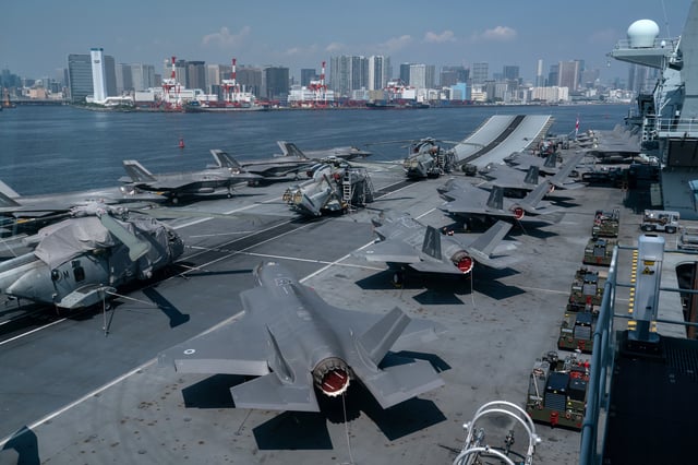 TOKYO, JAPAN - AUGUST 31: F-35B Lightning II short-takeoff and vertical landing (STOVL) variants of the stealth multirole fighter jets are seen aboard HMS Prince of Wales, the Royal Navy's flagship aircraft carrier, during a public ship tour at the Tokyo International Cruise Terminal on August 31, 2025, in Tokyo, Japan. The aircraft carrier was opened to the public in connection with the UK Carrier Strike Group's (CSG) port call in Tokyo. The group has been in Japan since August 12 for joint training exercises. (Photo by Tomohiro Ohsumi/Getty Images)