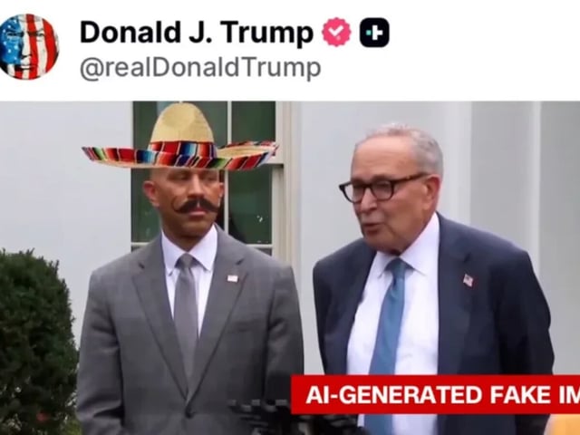 Imagen del video difundido por Trump en el que aparece el líder de la minoría de la Cámara de Representantes, Hakeem Jeffries, con un sombrero y un bigote al estilo mexicano, junto al líder de la minoría del Senado, Chuck Schumer