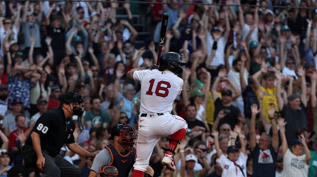Red Sox fans stand and cheer Jarren Duran during a game vs. the Tigers on Sept. 28.