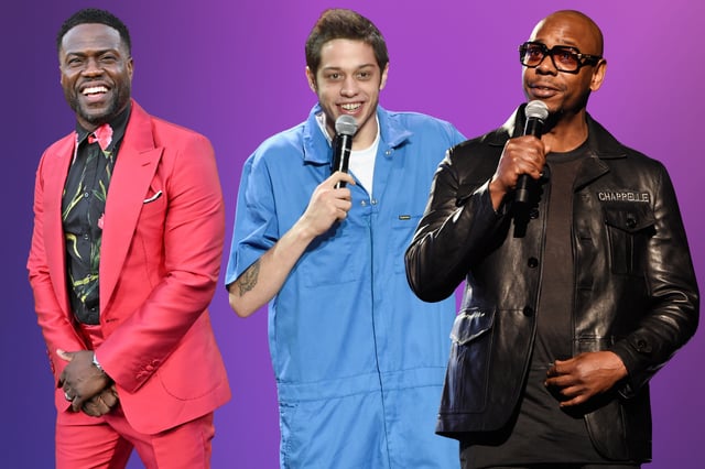 (L) Kevin Hart attends the Los Angeles premiere of Netflix's "Me Time" at the Regency Village Theatre on August 23, 2022 in Los Angeles, California. (C) Pete Davidson performs onstage during the Oddball Comedy Festival at Nikon at Jones Beach Theater on September 10, 2016 in Wantagh, New York. (R) Dave Chappelle speaks onstage during the 60th Annual Grammy Awards at Madison Square Garden on January 28, 2018 in New York City.