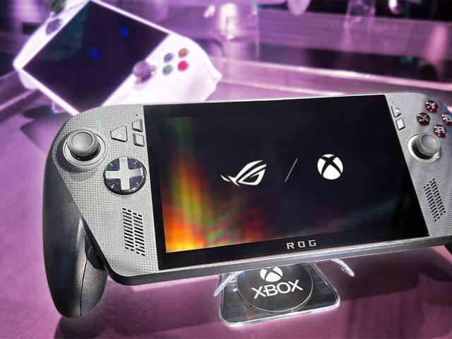 Xbox Ally X (front) and Xbox Ally (back) in a display case