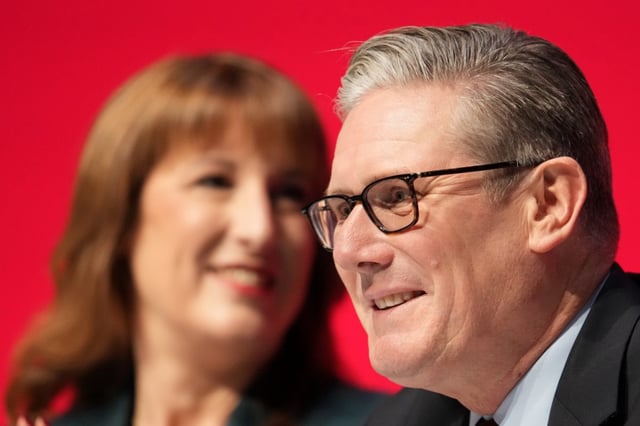Keir Starmer sits next to his Chancellor of the Exchequer Rachel Reeves during the annual Labour Party conference in Liverpool, on Monday 2025. 
Photographer: Jon Super
Provider: AP