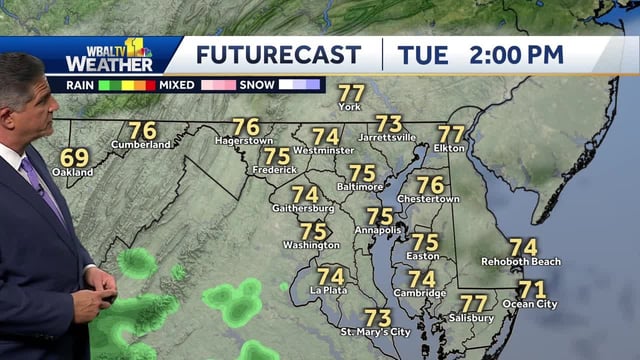 Meteorologist Tony Pann says it will be partly cloudy for the rest of Tuesday with warmer than usual temps in the upper 70s. A cold front will hit Maryland overnight and will drop temps down into the 40s for the low and in the low 70s for the rest of the week.