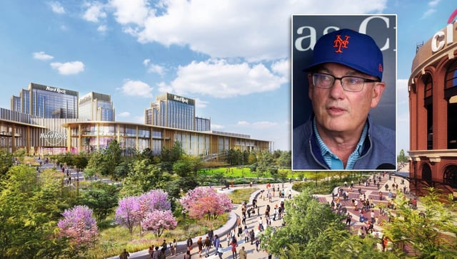 Metropolitan Park, an $8 billion pitch from Mets owner Steve Cohen (inset) and Hard Rock to transform the area around Citi Field into a gaming and resort complex. (AP; Courtesy of Metropolitan Park)