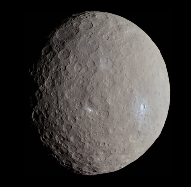 This image of asteroid 1 Ceres was captured by the Dawn spacecraft May 4, 2015, at a distance of 8,476 miles (13,641 kilometers). Because it lies within the asteroid belt between Mars and Jupiter, Ceres poses no threat to Earth. Credit: NASA/JPL-Caltech/UCLA/MPS/DLR/IDA/Justin Cowart
