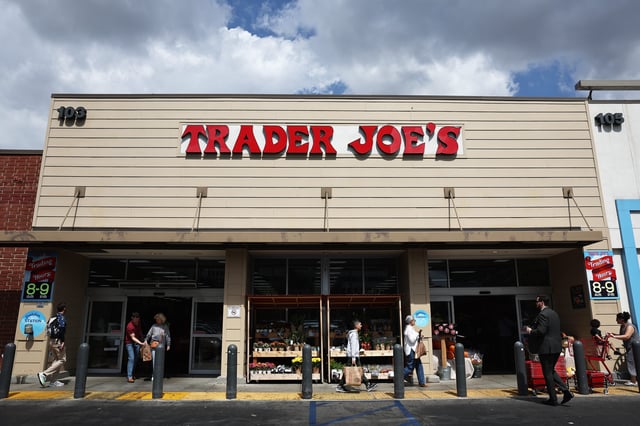 The Trader Joe's logo is displayed at a Trader Joe's store on September 16, 2024 in Glendale, California.