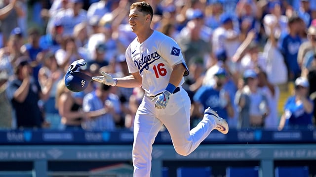 Aug 31, 2025; Los Angeles, California, USA; Los Angeles Dodgers catcher Will Smith (16) celebrates as he rounds the bases on a walk-off home run in the ninth inning against the Arizona Diamondbacks at Dodger Stadium. Mandatory Credit: Jayne Kamin-Oncea-Imagn Images
