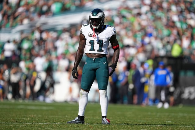 PHILADELPHIA, PENNSYLVANIA - SEPTEMBER 21: A.J. Brown #11 of the Philadelphia Eagles looks on against the Los Angeles Rams at Lincoln Financial Field on September 21, 2025 in Philadelphia, United States. (Photo by Mitchell Leff/Getty Images)