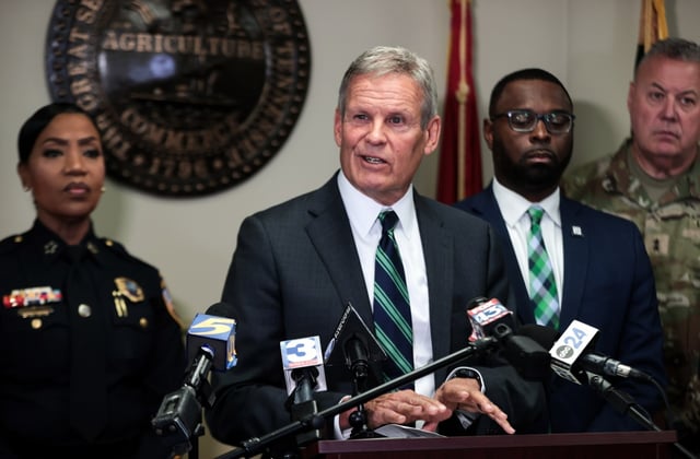 Tennessee Gov. Bill Lee speaks about the National Guard and federal agencies arriving in Memphis. He said the federal help “is not the start of a crime-fighting effort. This is the acceleration of a crime-fighting effort.” (PATRICK LANTRIP/DAILY MEMPHIAN VIA AP)