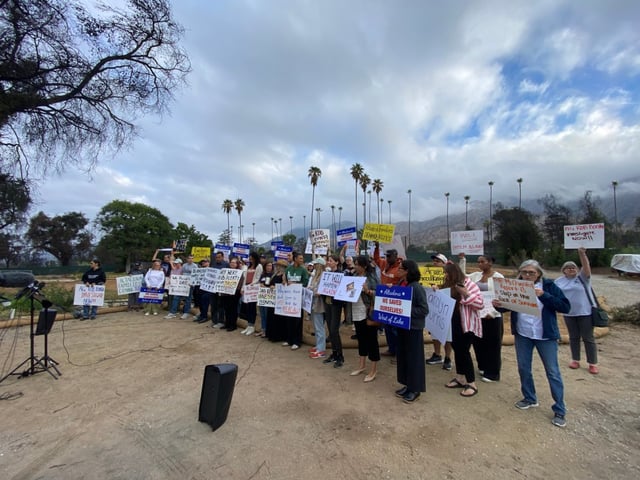 Altadena residents Tuesday, Sept. 30, called for California Attorney General Rob Bonta to investigate the emergency alert systems and evacuation process during the Eaton fire. (David Wilson/Pasadena Star-News)