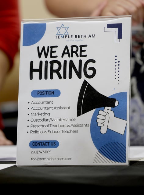 Temple Beth Am was one of the organizations hiring at the Jewish Community Job Fair at Temple Israel in West Palm Beach on Thursday, July 24, 2025. (Mike Stocker/South Florida Sun Sentinel)