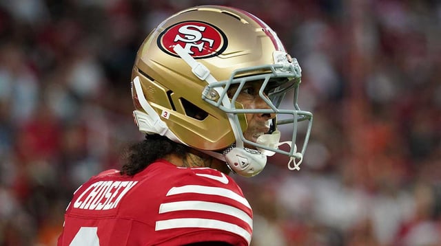 Aug 9, 2025; Santa Clara, California, USA; San Francisco 49ers wide receiver Robbie Chosen (3) looks back at this teammates in frustration during a game against the Denver Broncos in the third quarter at Levi's Stadium. Mandatory Credit: David Gonzales-Imagn Images