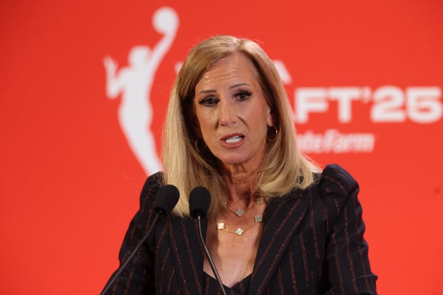 Apr 14, 2025; New York, New York, USA; WNBA commissioner Cathy Engelbert talks to the media before the 2025 WNBA Draft at The Shed at Hudson Yards. Mandatory Credit: Vincent Carchietta-Imagn Images/ File Photo