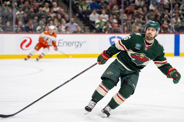 Apr 15, 2025; Saint Paul, Minnesota, USA; Minnesota Wild right wing Mats Zuccarello (36) skates against the Anaheim Ducks in the second period at Xcel Energy Center. Mandatory Credit: Matt Blewett-Imagn Images/ File Photo