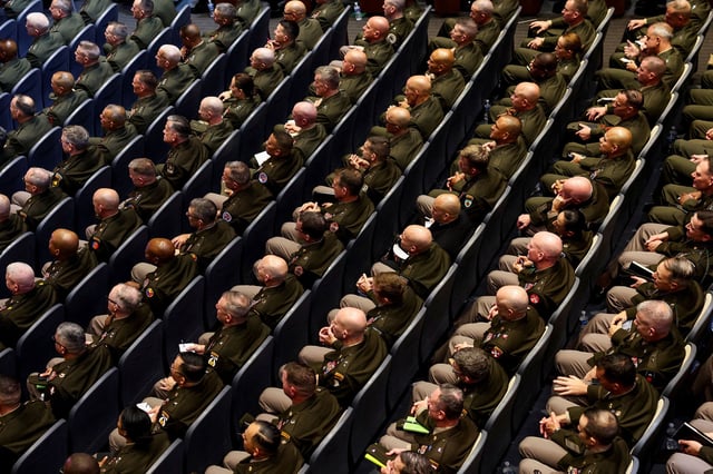 Members of the military attend a meeting convened by Defense Secretary Pete Hegseth, at Marine Corps Base Quantico in Virginia, on Monday.