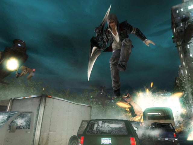 Alex Mercer leaping over a bunch of cars while pursued by helicopters in Prototype.