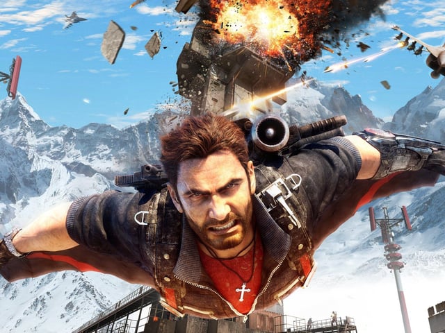 Rico from Just Cause skydiving off an exploding tower