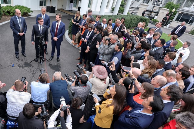 House Speaker Mike Johnson, R-Louisiana, speaks to the media next to U.S. Vice President JD Vance, Office of Management and Budget Director Russell Vought and Senate Majority Leader John Thune, R-South Dakota, on the day President Donald Trump meets with top congressional leaders from both parties, just ahead of a Sept. 30 deadline to fund the government and avoid a shutdown, at the White House in Washington, D.C., on Sept. 29, 2025.