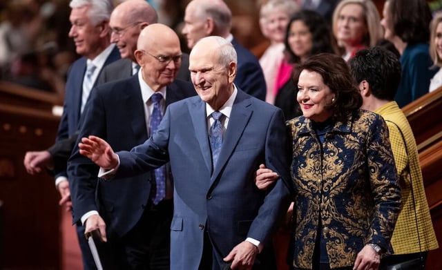 President Russell M. Nelson of The Church of Jesus Christ of Latter-day Saints, and his wife, Sister Wendy Nelson, leave at the end of the women’s session of the 192nd Annual General Conference in the Conference Center in Salt Lake City on Saturday, April 2, 2022.
