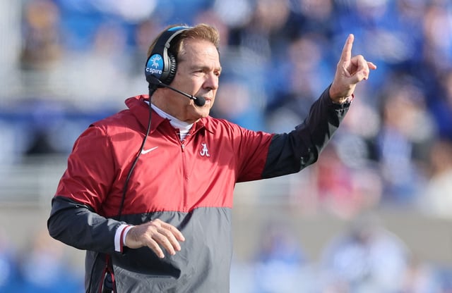 Nick Saban the head coach of the Alabama Crimson Tide against the Kentucky Wildcats at Kroger Field on November 11, 2023 in Lexington, Kentucky.