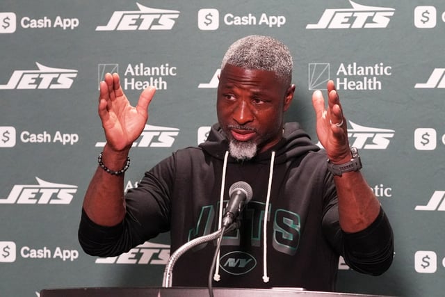 New York Jets head coach Aaron Glenn responds to questions during a news conference after an NFL football game against the Miami Dolphins, Monday, Sept. 29, 2025, in Miami Gardens, Fla. (AP Photo/Marta Lavandier)