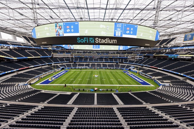 General view of inside an empty SoFi Stadium before a game between the San Francisco 49ers and the Los Angeles Rams on Sept. 17, 2023, in Inglewood, Calif.