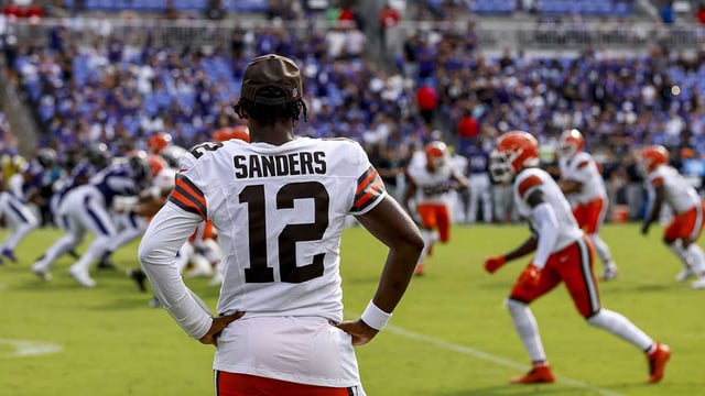 Sep 14, 2025; Baltimore, Maryland, USA; Cleveland Browns quarterback Shedeur Sanders (12) after the game against the Baltimore Ravens at M&T Bank Stadium. Mandatory Credit: Peter Casey-Imagn Images