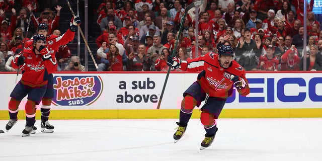 Apr 30, 2025; Washington, District of Columbia, USA; Washington Capitals left wing Alex Ovechkin (8) celebrates after scoring a goal against the Montreal Canadiens in the first period in game five of the first round of the 2025 Stanley Cup Playoffs at Capital One Arena. Mandatory Credit: Geoff Burke-Imagn Images