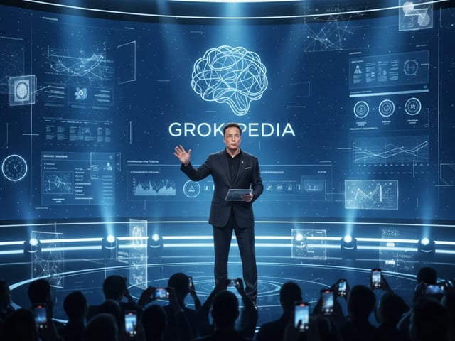 Elon Musk en el escenario durante la presentación oficial de Grokipedia, con pantallas digitales futuristas al fondo que muestran gráficos, redes neuronales y visualizaciones de datos relacionadas con inteligencia artificial y conocimiento en tiempo real. La audiencia sostiene teléfonos para captar el momento.
