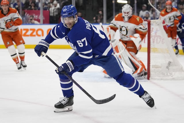 Dec 12, 2024; Toronto, Ontario, CAN; Toronto Maple Leafs forward Max Pacioretty (67) skates after the puck against the Anaheim Ducks during the third period at Scotiabank Arena. Mandatory Credit: John E. Sokolowski-Imagn Images/ File Photo