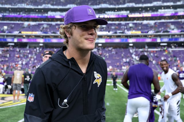 J.J. McCarthy #9 of the Minnesota Vikings looks on after the game against the Cincinnati Bengals at U.S. Bank Stadium on September 21, 2025 in Minneapolis, Minnesota.
