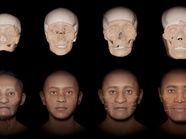 Top row show CT scans of skulls with a death mask and the bottom row shows the facial reconstruction.