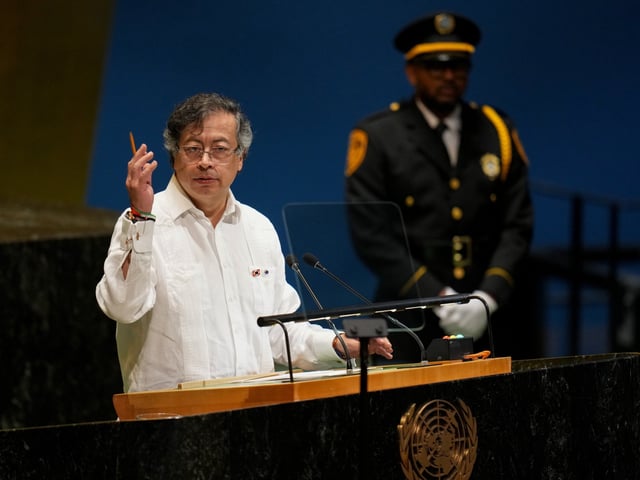 Gustavo Petro, Colombia's president, during the United Nations General Assembly (UNGA) in New York, US, on Tuesday, Sept. 23, 2025. The United Nations General Assembly, which opens Tuesday, brings more than 150 world leaders and their entourages into Midtown - a convergence that has been compared to hosting the Super Bowl every day for a week, across an entire neighborhood. Photographer: David Dee Delgado/Bloomberg