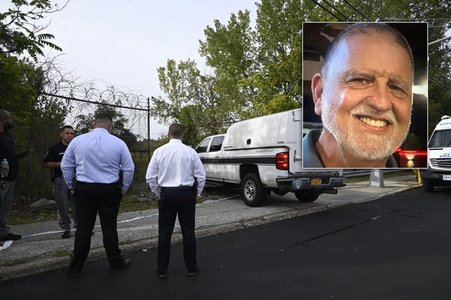 Human bones discovered in a Queens parking lot may be linked to Richard "Max" Albright (inset), a nurse who vanished without a trace nearly four years ago. A survey team found the bones in some brush just outside the parking lot on 20th Ave. near 132nd St. in College Point, Queens, on Monday, Sept. 29, 2025. (Kyle Mazza/Anadolu via Getty Images; NYPD)