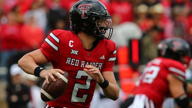 Oct 19, 2024; Lubbock, Texas, USA; Texas Tech Red Raiders quarterback Behren Morton (2) scrambles in the first half during the game against the Baylor Bears at Jones AT&T Stadium and Cody Campbell Field. Mandatory Credit: Michael C. Johnson-Imagn Images