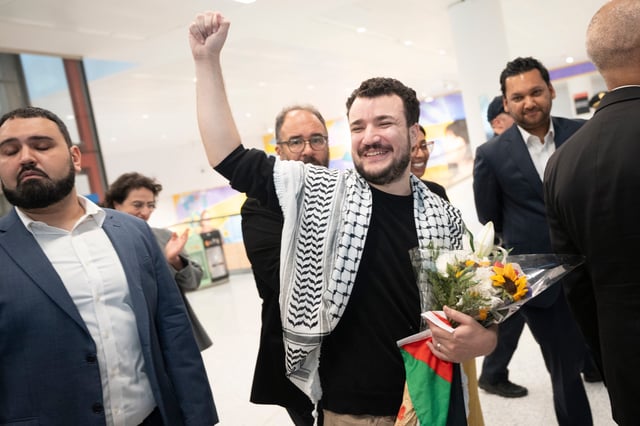 Mahmoud Khalil after arriving at Newark Liberty International Airport on June 21, 2025 in Newark, N.J.