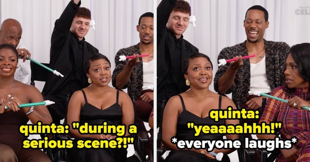 The cast of Abbott Elementary all pointing at Quinta Brunson during a game of Who's Who
