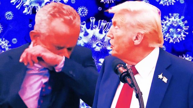A photo illustration of RFK Jr sneezing and Donald Trump.
