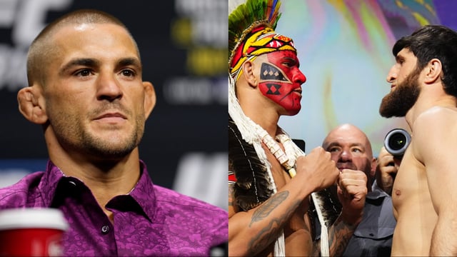 Dustin Poirier appears at the UFC 318 press conference, opposite Alex Pereira and Magomed Ankalaev facing off at the UFC 313 ceremonial weigh-in. Credit: Mike Roach/Zuffa LLC/Chris Unger/Zuffa LLC