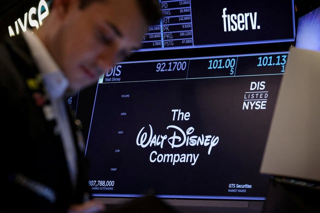 A screen shows the trading information and company logo for The Walt Disney company on the floor at the New York Stock Exchange (NYSE) in New York City, U.S., May 7, 2025.  REUTERS/Brendan McDermid/File Photo