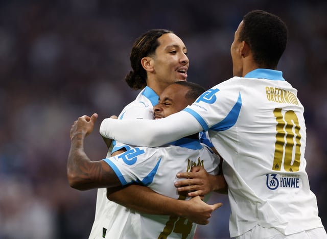 Soccer Football - UEFA Champions League - Olympique de Marseille v Ajax Amsterdam - Orange Velodrome, Marseille, France - September 30, 2025 Olympique de Marseille's Igor Paixao celebrates scoring their first goal with teammates REUTERS/Manon Cruz