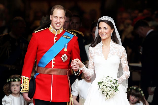 Prince William, Duke of Cambridge and Catherine, Duchess of Cambridge smile following their marriage on April 29, 2011 in London, England.