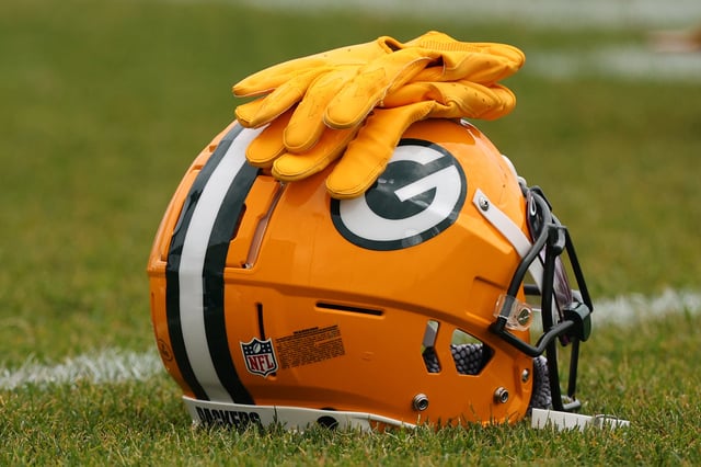 A detailed view of a Green Bay Packers helmet during an OTA practice session at Don Hutson Center on May 31, 2023 in Ashwaubenon, Wisconsin.