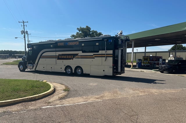 A mobile Tennessee Highway Patrol command center is parked in a staging area on Tuesday, Sept. 30, 2025, in Memphis, Tenn. (AP Photos/Adrian Sainz)
