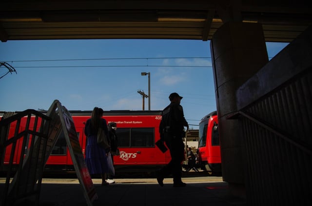 Pedestrians passing along the El Cajon Trolley Transit Station in El Cajon on Friday, Sept. 27, 2024 in San Diego, California. (Alejandro Tamayo / The San Diego Union-Tribune)