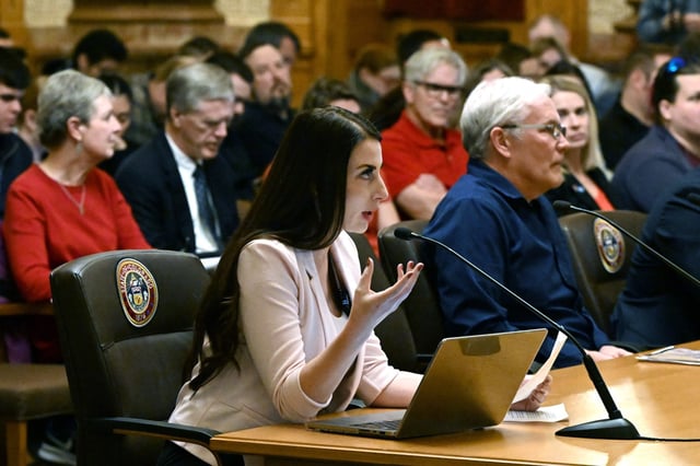Firearms instructor Ava Flanell, left, testifies before the state Senate's State, Veterans & Military Affairs Committee as its members consider Senate Bill 3, a gun regulation bill, in the Old Supreme Court in the Colorado State Capitol  in Denver on Jan. 28, 2025.  The committee held a first vote on SB25-003, which would effectively enact a ban on a wide swap of weapons considered assault weapons. The bill is up for its first committee vote in the Capitol. The committee lasted well into the evening with proponents and opponents of the bill allowed to give their testimony to the members of the committee.  SB3 is a new approach to limiting the sale of high-powered, semiautomatic firearms -- instead of outright banning specific types of weapons, it would ban weapons that accept a detachable magazine. That would cover many of the weapons we consider assault weapons. Given that the bill is sponsored by state Sen. Tom Sullivan, whose opposition to similar legislation in the past has sunk it, it's also very likely to pass the chamber and the legislature this year.   (Photo by Helen H. Richardson/The Denver Post)