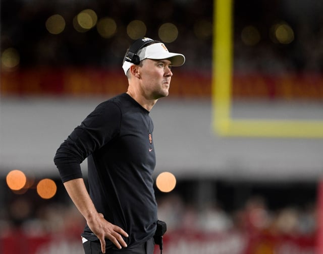USC football coach Lincoln Riley looks on against Stanford at the Los Angeles Memorial Coliseum in Los Angeles on Saturday, September 9, 2023. (Photo by Keith Birmingham, Pasadena Star-News/ SCNG)