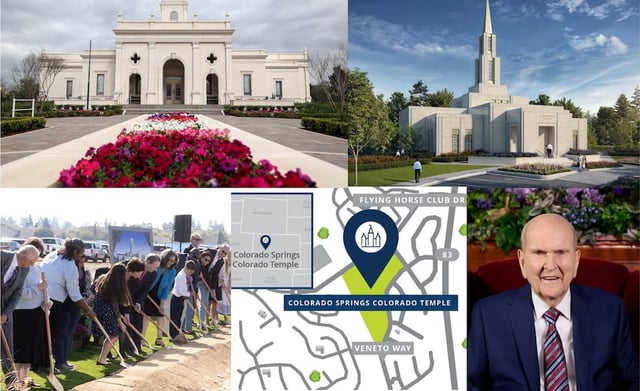 Images represent the Nos. 1, 50, 100, 150 and 200 temples announced by President Russell M. Nelson in seven years. Top row, left to right: No. 1 — the Salta Argentina Temple, announced in April 2018 and dedicated in June 2024; No. 50 — a rendering of the Oslo Norway Temple, announced April 2021. Bottom row: No. 100 — the October 2023 groundbreaking for the Modesto California Temple, announced April 2022; No. 150 — the site map for the Colorado Springs Colorado Temple, announced October 2023; and No. 200 — President Nelson announces 15 new temple locations in April 2025 general conference, including the Spanish Fork Utah Temple.