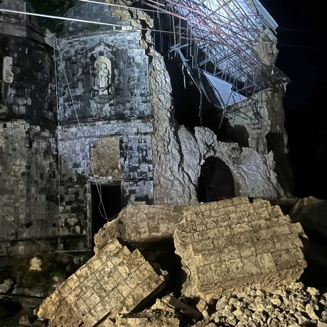 Earthquake damage outside the Archdiocesan Shrine of Santa Rosa de Lima in Cebu City, Philippines.